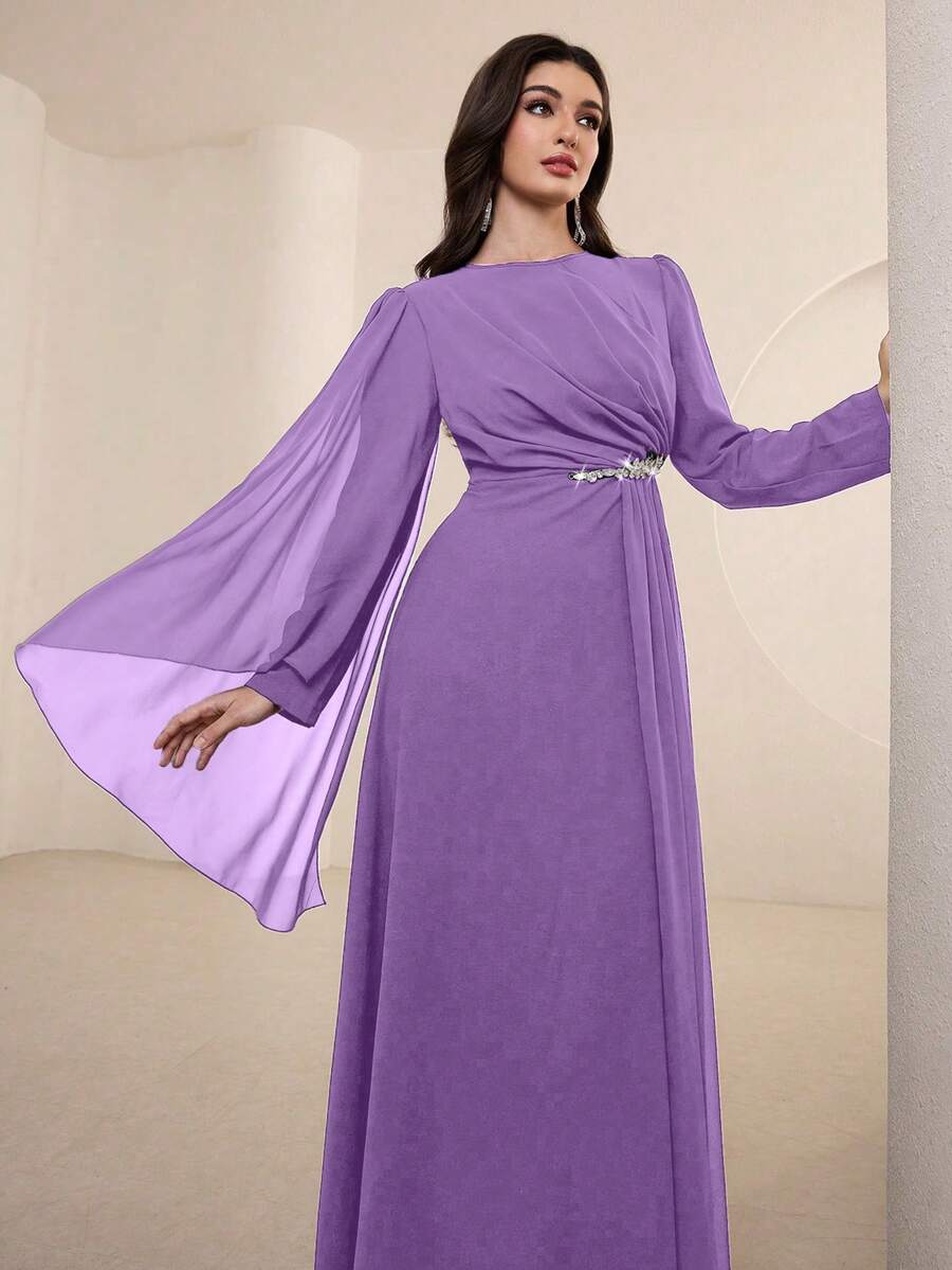 Graceveil Women's Solid Color Round Neck Long Sleeve Spliced Mesh Elegant Dress Modest Official Deep Purple Autumn - Purple - View 1