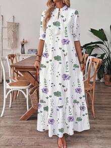 EMERY ROSE V-Neck Printed Ruffle Hem Elegant Sexy Casual Vacation Dress With Drawstring Golf White Summer - Multicolor - View 3