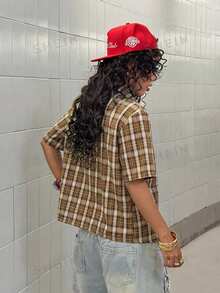StreetHx Streetwear Women Plaid Short Sleeve Shirt - Camel - View 2