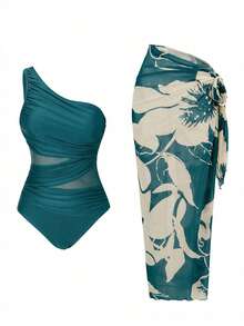 Swim Oasis 女士纯色褶皱连体泳衣，配花卉图案罩衫和裙子，度假必备 - 水鴨藍 - 查看 3