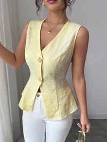 Selianne Women's Vest Elegant Business Casual Sleeveless Jacket Brocade Texture White Metallic Buckles Waist Cinching Design Office Autumn Tops - Light Yellow - View 7