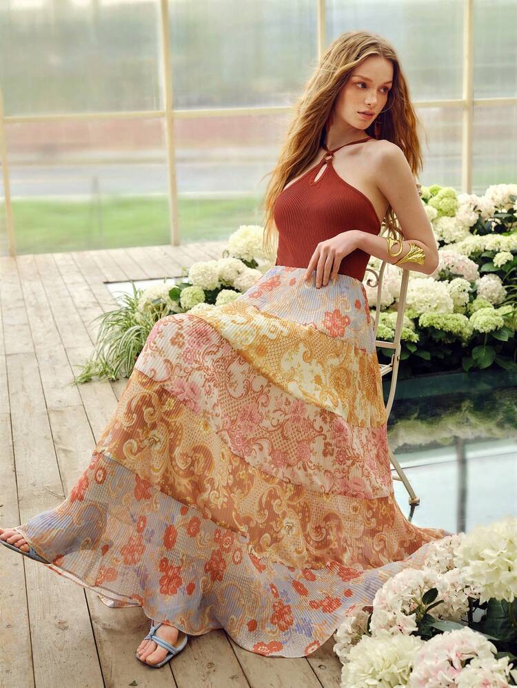 WOMEN'S ELEGANT ALL-OVER PRINT TIERED HEM SKIRT