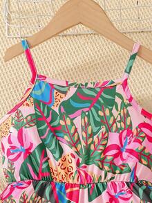 SHEIN Young Girl Tropical Plant Print Camisole Romper - Red - View 5