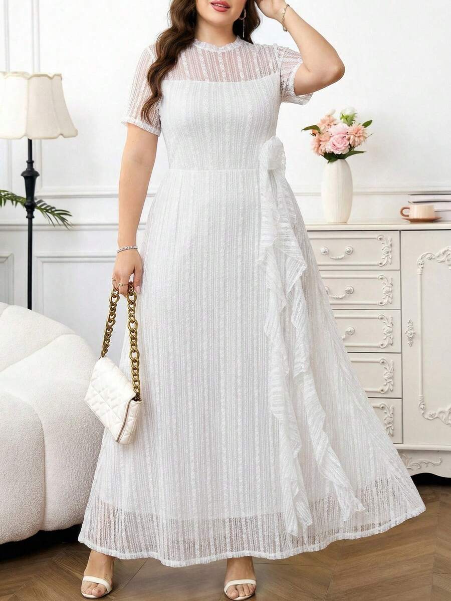 Reflora Đầm nữ cỡ lớn, đầm midi/maxi ren hoa tay ngắn thanh lịch màu trắng lãng mạn mùa xuân/hè.