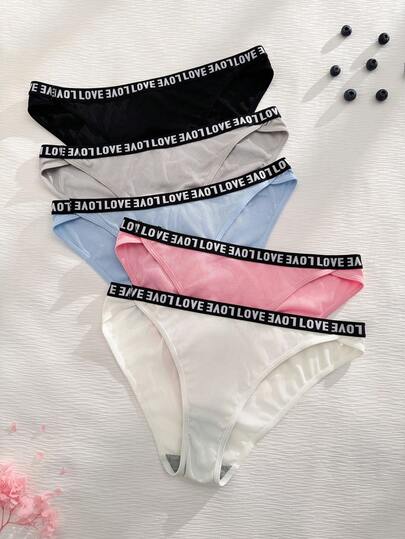 Bộ 5 chiếc quần lót bikini nữ, thiết kế xẻ cao, thắt lưng bản rộng có chữ trang trí.