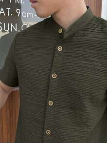 Manfinity VCAY Men's Solid Color Front Button Woven Casual Short Sleeve Shirt - Olive Green - View 5