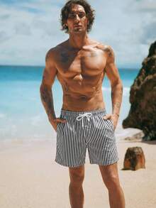 Manfinity BRENVOR Men's Refreshing Casual Beach Holiday Blue & White Striped Swim Trunks - Multicolor - View 1
