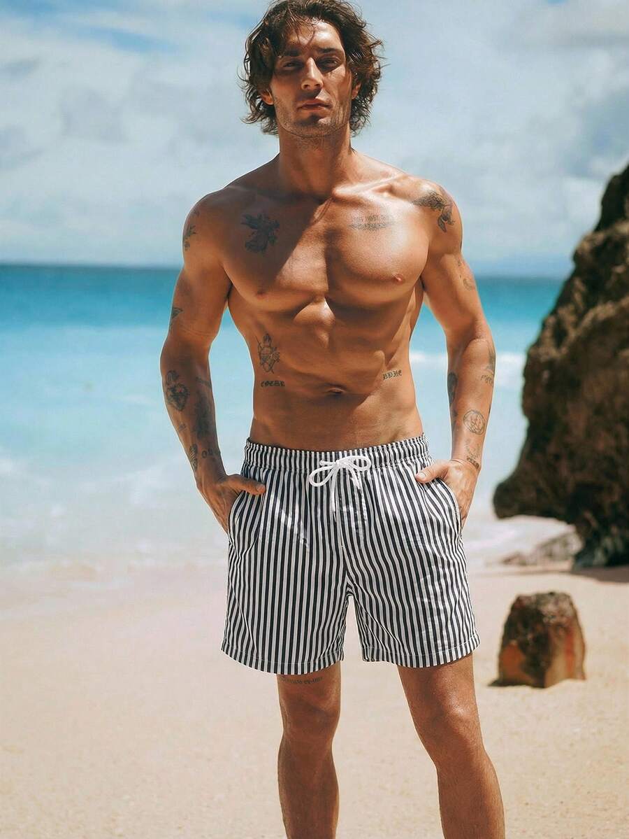 Manfinity BRENVOR Men's Refreshing Casual Beach Holiday Blue & White Striped Swim Trunks - Multicolor - View 1