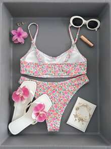 SHEIN Swim Mod 夏季海灘女士假期花卉印花簡約時尚比基尼套裝，配有分離式泳裝 - 彩色 - 查看 11