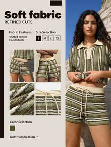 Maija Women's Striped Tie-Waist Casual Beach Shorts,Vacation Outfits Women,Summer Holiday Outfits ,Beach Vacation Outfits For Women,Vacation Outfits Women,Summer Holiday Outfits ,Beach Vacation Outfits For Women Capri Boho Summer Beach Outfit For Women - Army Green - View 7