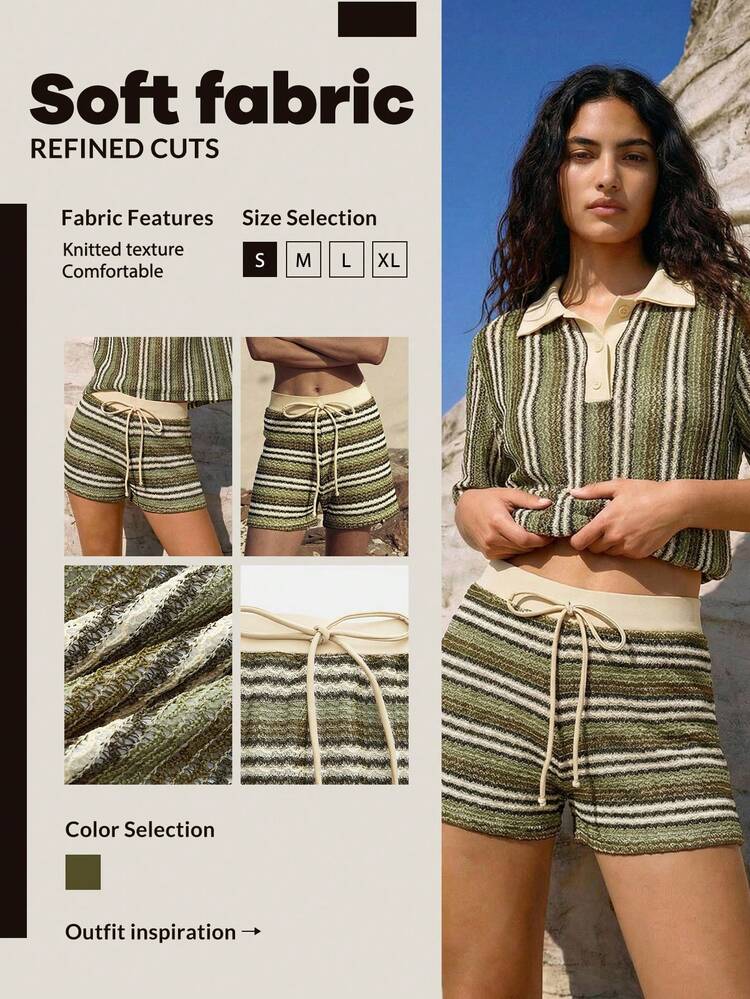 SHEIN Maija Women's Striped Tie-Waist Casual Beach Shorts,Vacation Outfits Women,Summer Holiday Outfits ,Beach Vacation Outfits For Women,Vacation Outfits Women,Summer Holiday Outfits ,Beach Vacation Outfits For Women Capri Boho Summer Beach Outfit For Women