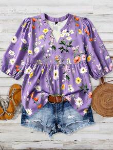 SHEIN JORESS Áo sơ mi vải lanh cỡ lớn dành cho nữ đi nghỉ mát - Màu tím - Xem 3
