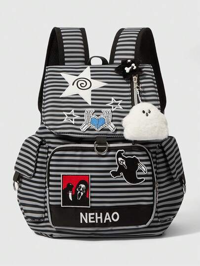 ROMWE Grunge Punk Ba lô sọc Punk Academy Wind Screaming Grimace - Hình ngôi sao và mặt dây chuyền hình ma, kiểu dáng kỳ lạ dễ thương, nhiều ngăn, thời trang thường ngày, unisex, dung tích lớn, thích hợp đi làm, đi học, du lịch và sử dụng hàng ngày.