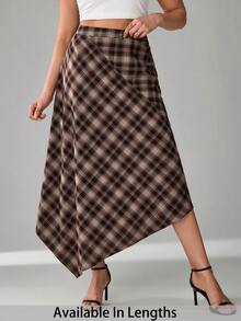 SHEIN Tall CURVE 大码休闲复古不对称下摆格子裙 - 棕色 - 查看 7