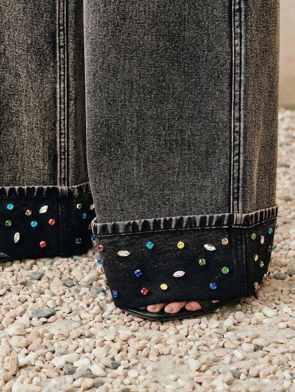 Anewsta Jeans rectos y anchos de pierna suelta con adornos de strass en diseño negro, nueva llegada de primavera para mujeres