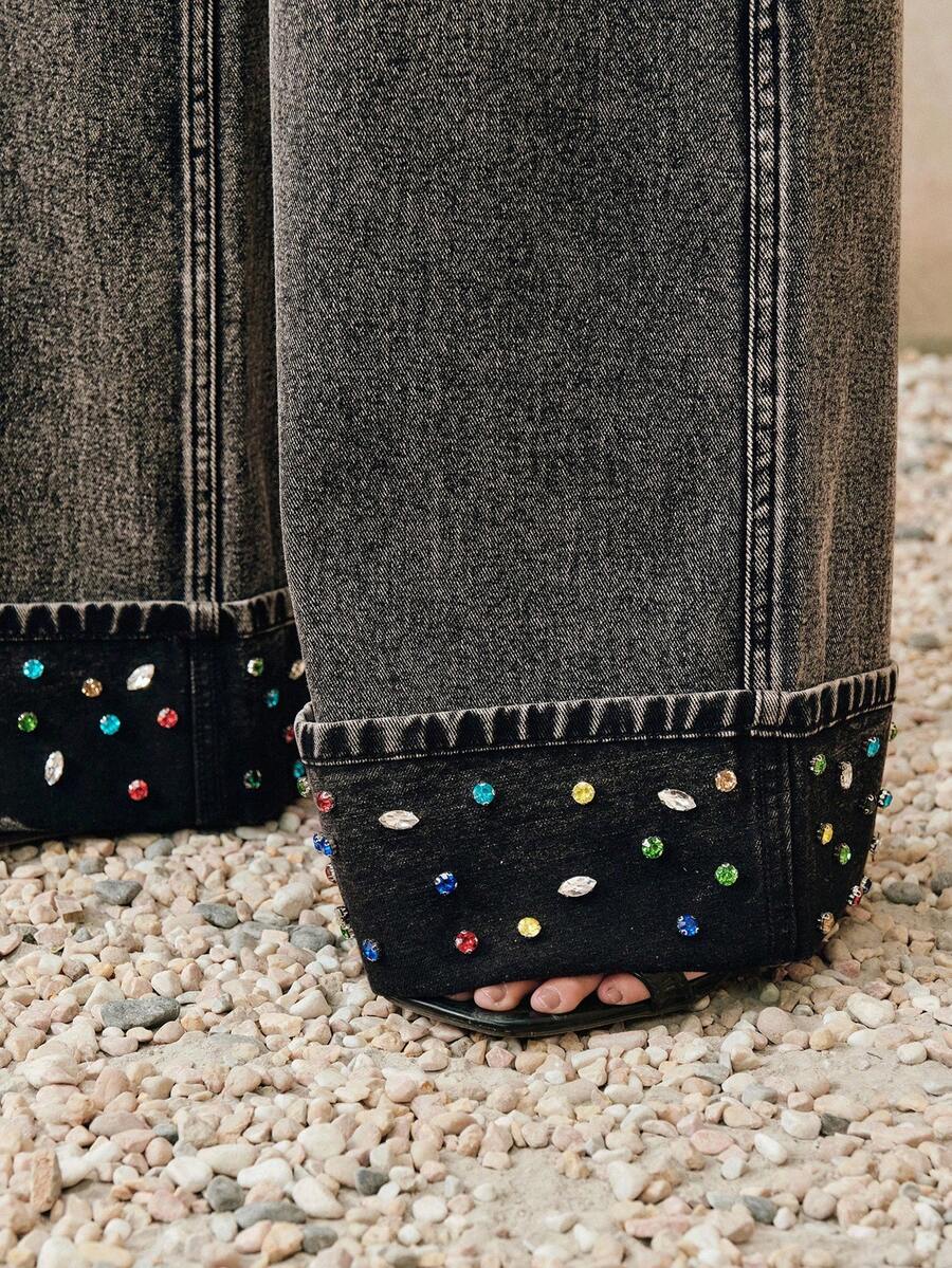 Anewsta Black Design Rhinestone Embellished Loose Casual Straight Leg Wide Leg Jeans For Women, Spring New Arrival - Black - View 1