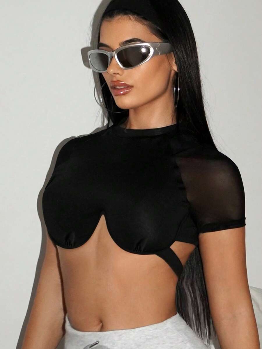 SHEIN ICON Mesh Contrast Short Sleeve Crop Top With Underwire Detail