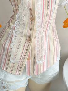 Glimmora 女士条纹蕾丝前系带无袖休闲衬衫 - 彩色 - 查看 5