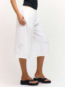 MUSERA 亚麻质感系带七分裤，春夏度假海滩休闲可爱日常波西米亚风机场装 - 白色 - 查看 3