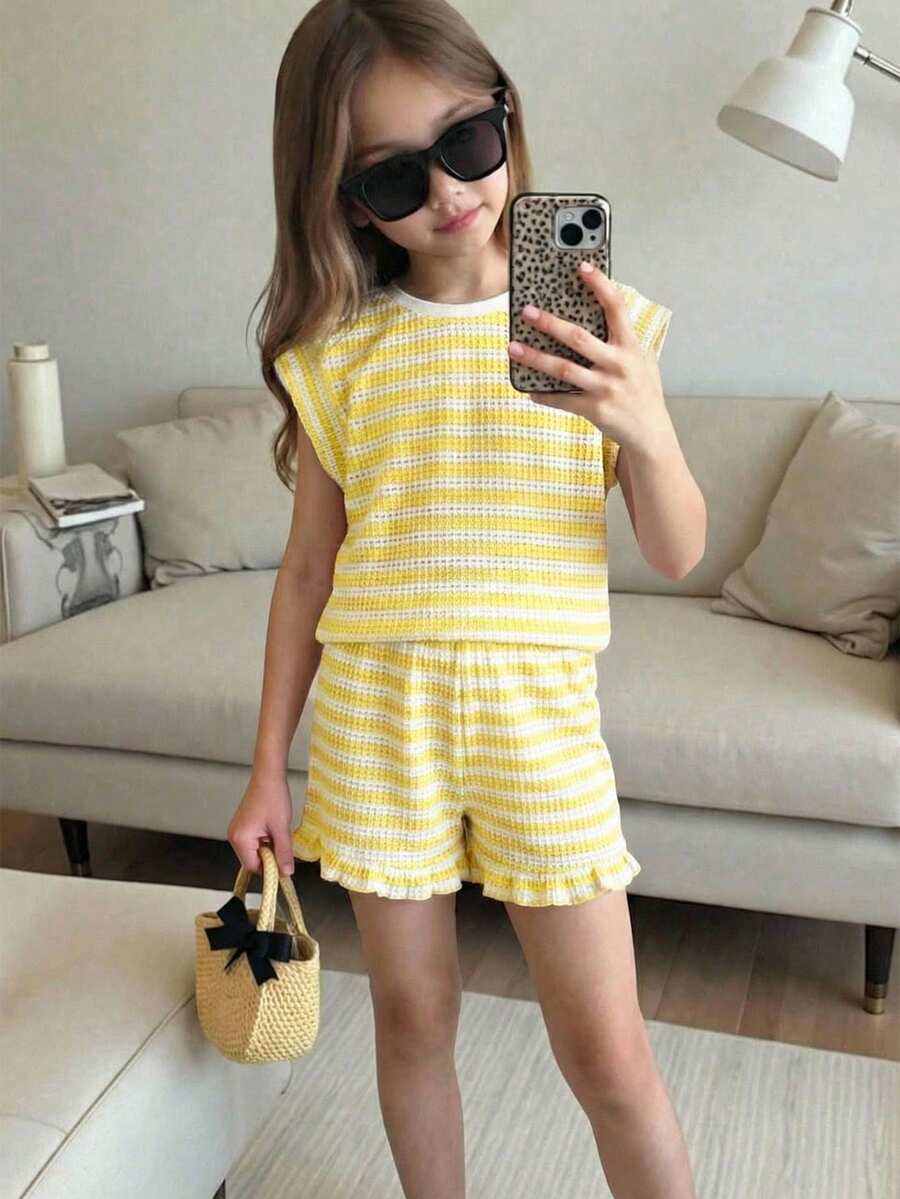 SHEIN Young Girls Round Neck Ruffle Trim Casual Striped Summer T-Shirt Set - Yellow - View 1