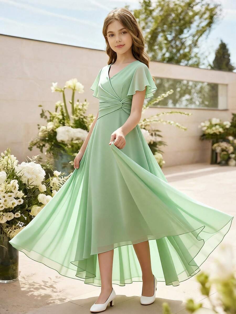 Girls' Elegant Sage Green V-Neck Sleeveless Long Chiffon Dress,Asymmetrical Hem Wedding Guest Summer Bridesmaid Dress For Kids Formal Graduation - Green - View 1