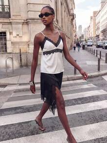 Maija 女士无袖蕾丝拼接V领吊带背心，宽松都市休闲风 - 黑與白 - 查看 2