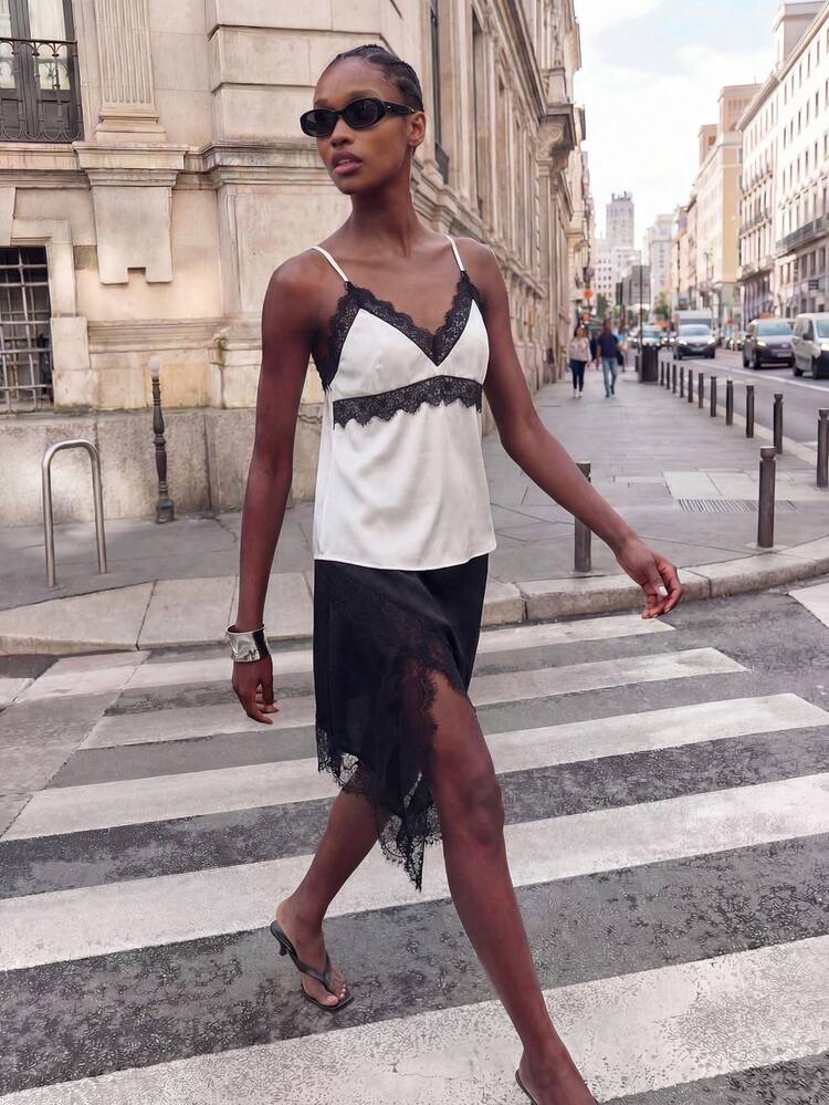 SHEIN Maija レースパッチワーク Vネック キャミソール レディース、ルーズアーバンカジュアル