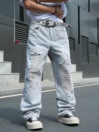 Manfinity EMRG Quần jean denim xanh rách dáng thường ngày dành cho nam