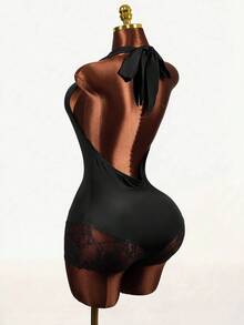 Mistrie Women's Sexy Lace Patchwork Jumpsuit, Summer  With A Hollowed Out Chest Design, Explosive And Sexy. Hollow Mesh Splicing Ultra-Low Waist Short Skirt. Suitable For Music Festivals, Holidays, Parties, And Dates. Out On The Street, Traveling - Black - View 4