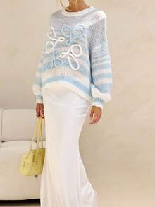 Forever 21 Áo len dệt kim sọc xanh trắng thường ngày, dài tay - Xanh và trắng - Xem 1
