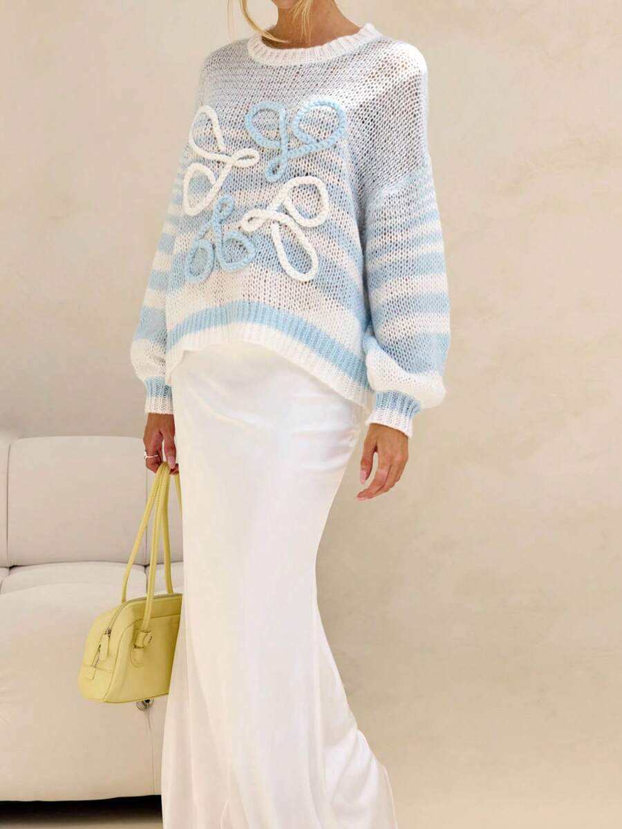 Forever 21 Áo len dệt kim sọc xanh trắng thường ngày, dài tay - Xanh và trắng - Xem 1