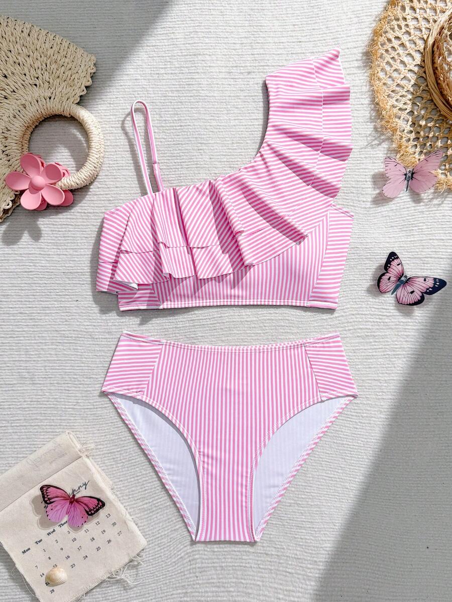 SHEIN 少女条纹比基尼套装，休闲度假 - 粉色 - 查看 1