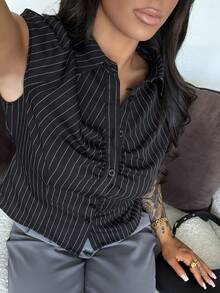 SAYEHFBABY 女士条纹短袖单排扣褶裥休闲衬衫，细条纹衬衫，黑色细条纹修身衬衫，女士短袖纽扣衬衫，罗纹衬衫，黑色夏季上衣 - 黑色 - 查看 3