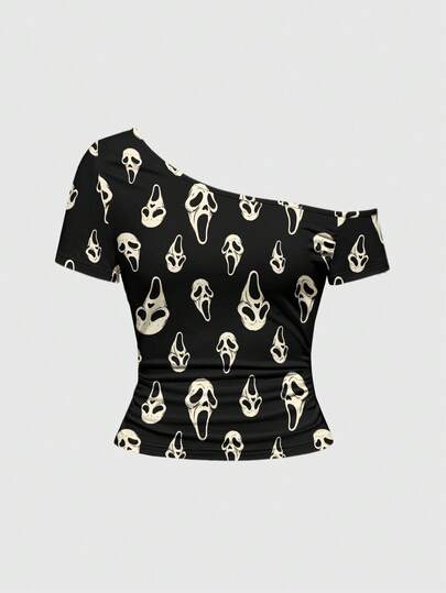 ROMWE Goth Camiseta de talla grande con máscara gótica oscura de grito sexy, asimétrica en el hombro, para festival de música estilo gótico
