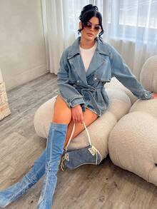 Dayanna Comas Chaqueta y abrigo de jean casual corto con cinturón y decoración de solapa para mujer - Lavado ligero - Ver 4