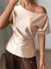 DAZY Women's Solid Color Tie-Waist Asymmetrical Shoulder Short Sleeve Elegant Summer Blouse - Apricot - View 3