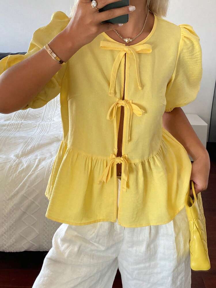 Women's Loose Tie Bow Knot Lantern Sleeve Casual Summer Top, Solid Color Blouse