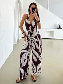 Firerie 女士优雅休闲度假沙滩波西米亚风V领扭腰露背抽象印花棕色连体裤，夏季 - 棕色 - 查看 5