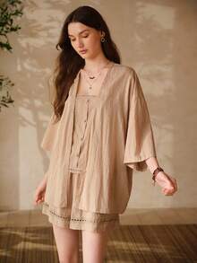 MOTF PREMIUM Bộ đồ ngủ 3 món dành cho nữ, gồm áo hai dây ren phối màu tương phản, quần short và áo choàng. - Màu Khaki - Xem 5