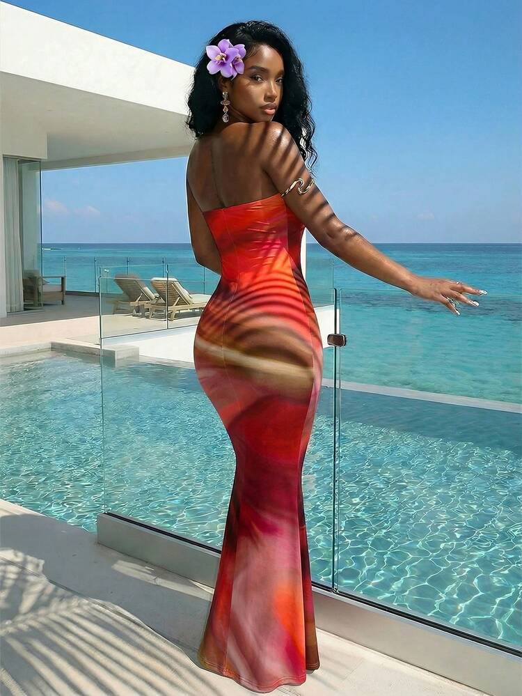 sexiest beach dresses Slaydiva Pink And Red Summer Casual Holiday Vacation Women's Ibiza Bohemian Strapless Fishtail Slim-Fit Long Dress, Resort Wear Sunbathing color display SHEIN SXY Victoria Secret Sexy