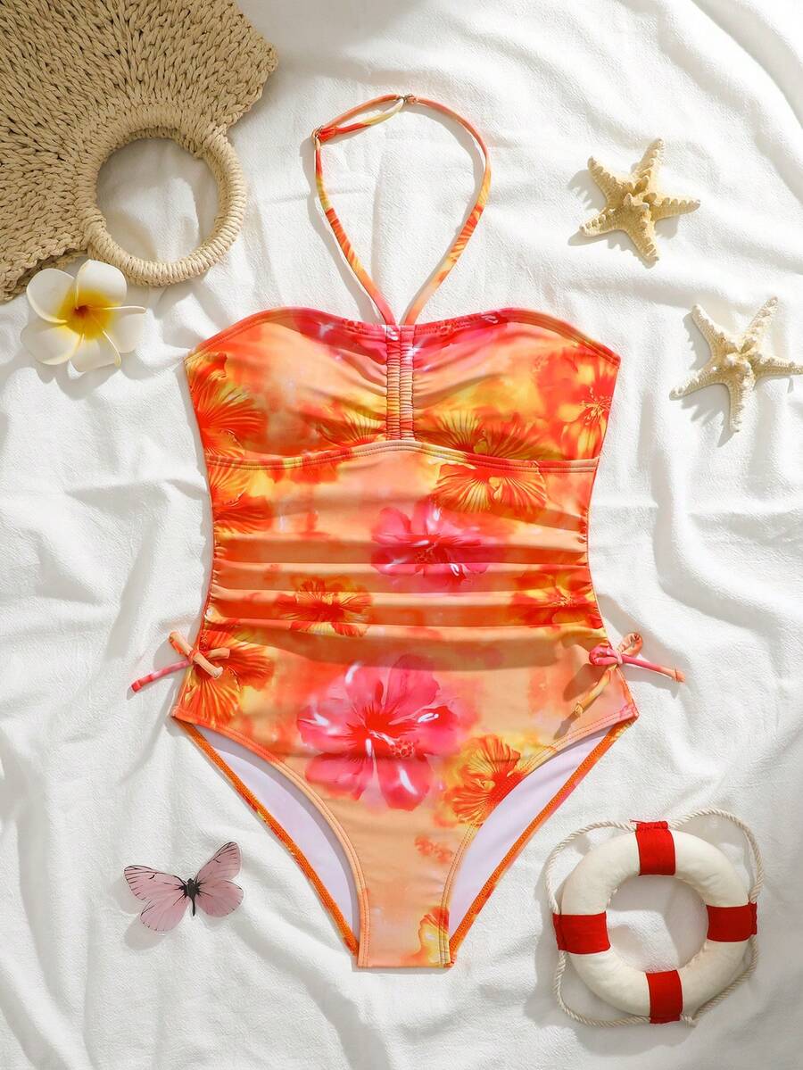 SHEIN 2件装女童热带花卉图案弹力速干舒适针织面料连体泳衣（适合青少年女孩），适合海滩、泳池、海边、冲浪、度假、夏季旅行