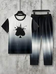 HIMLAND Men's Casual Commuting Stylish Graphic Print T-Shirt Set Men Clothes Set Men T-Shirt And Pants Set Men Two Piece Set Men Gradient Two Piece Set Men Geometric Two Piece Set - Multicolor - View 1