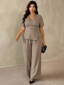 Auralis Elegant Brown Summer Formal Women Commuter Workwear Plus Size Two Piece Set,V-Neck Short Sleeve Wrap Blouse Straight Leg Pants Office Outfit Suit - Khaki - View 6