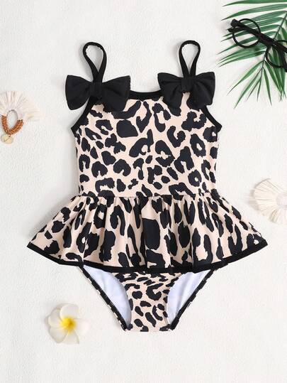 SHEIN Young Girl Leopard Print Bowknot Decor One-Piece Swimsuit, Summer Vacation Beach