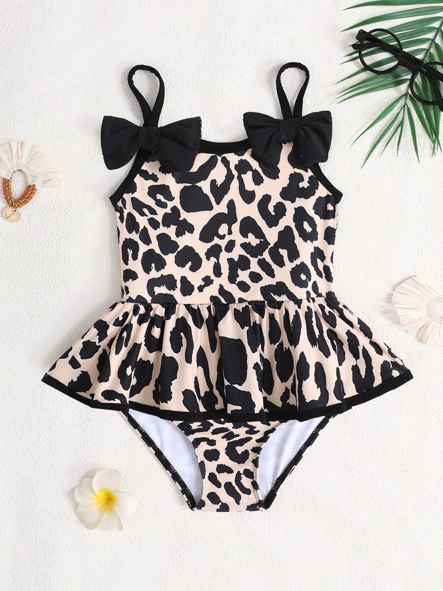 SHEIN 女童豹纹蝴蝶结装饰连体泳衣,夏季海滩度假 - 彩色 - 查看 1