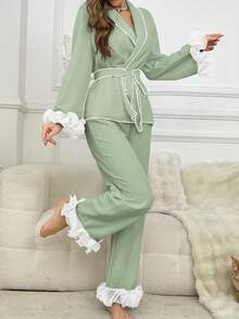 SHEIN Women's Elegant Contrast Color Ruffle Collar Belted Top And Pants Pajama Set, Spring/Autumn - Green - View 6