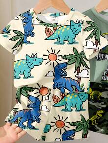 SHEIN Conjunto de 2 piezas para bebé niño: Estilo casual Y2K con estampados de dinosaurio, camuflaje, plantas tropicales, vacaciones y graffiti en camiseta de manga corta de cuello redondo y pantalones cortos, adecuado para primavera/verano, excelente para estilo callejero - Multicolor - Ver 3