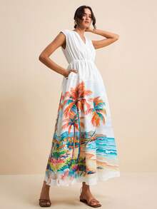 LOTSLUV Đầm dài in họa tiết cây dừa trên nền trắng dành cho nữ, cổ chữ V, không tay, cổ nhún, eo có dây rút, thích hợp cho kỳ nghỉ xuân/hè. - Nhiều màu - Xem 3