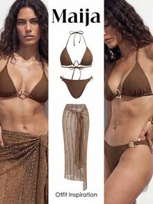 Maija 女士挂脖金属扣装饰性感比基尼套装，配薄纱纱笼，女士度假装比基尼，棕色比基尼罩衫套装，金色两件套比基尼套装，女士比基尼套装，带罩衫，带罩裙的比基尼，女士泳装罩衫，女士两件套，女士沙滩装，女士沙滩度假装 - 棕色 - 查看 8
