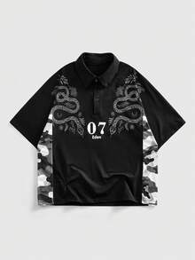 ROMWE MEN Prep Men's Casual Camouflage & Snake Print Patchwork T-Shirt, Summer - Black - View 1